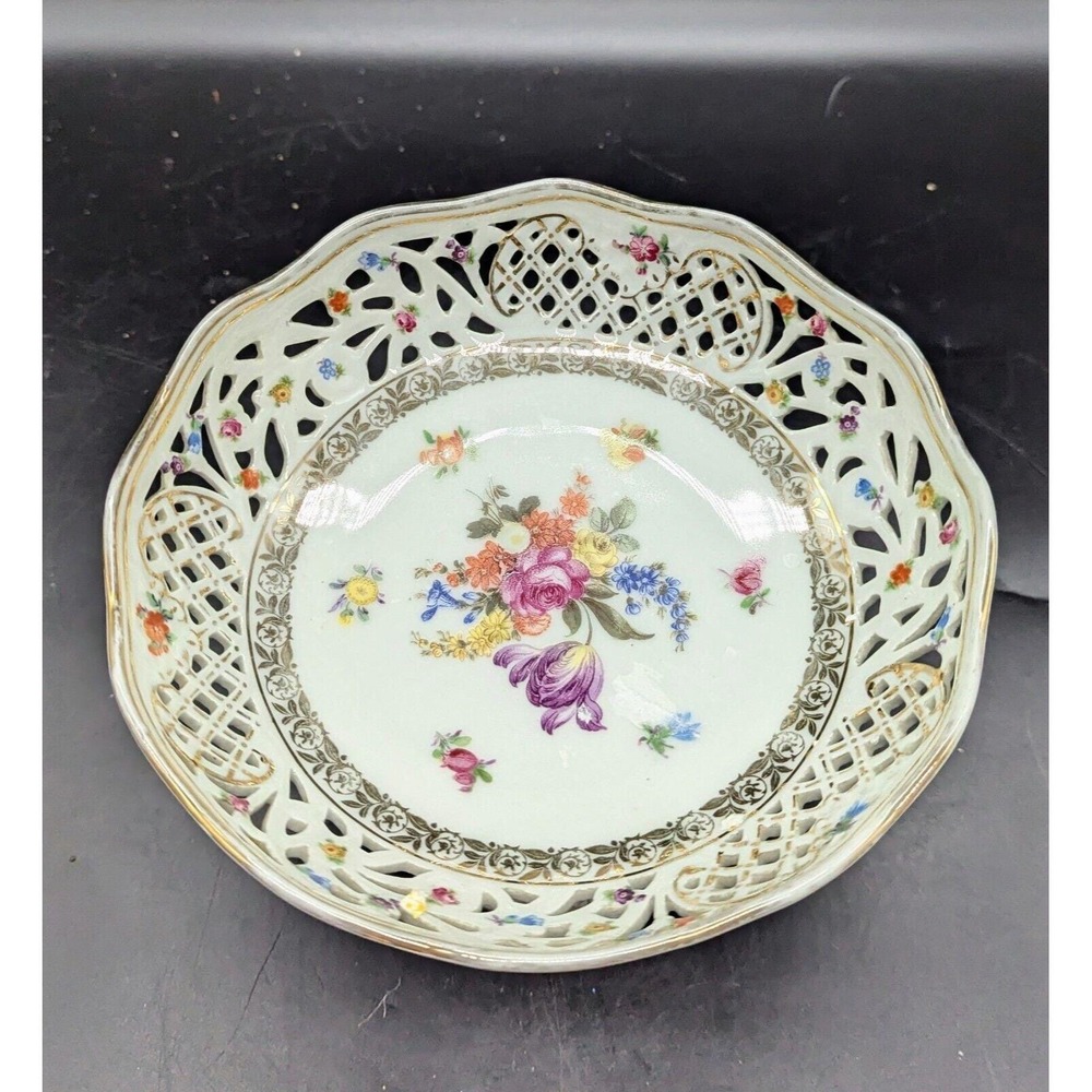 Schumann Dresden Hand Painted Round Floral Compote Pedestal‎ Reticulated Bowl